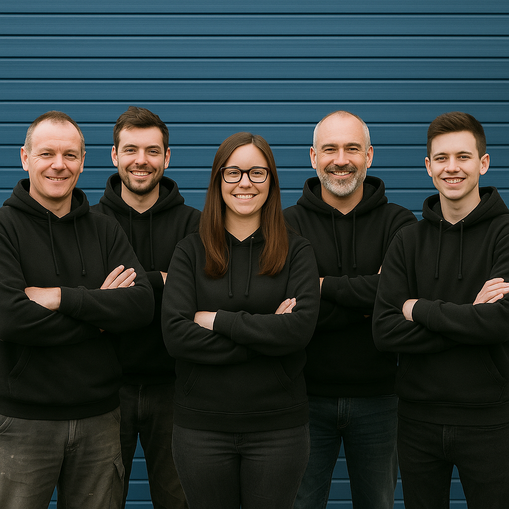 Pop Top Nation team standing together in front of a workshop, wearing matching black hoodies, representing professionalism, teamwork, and UK craftsmanship
