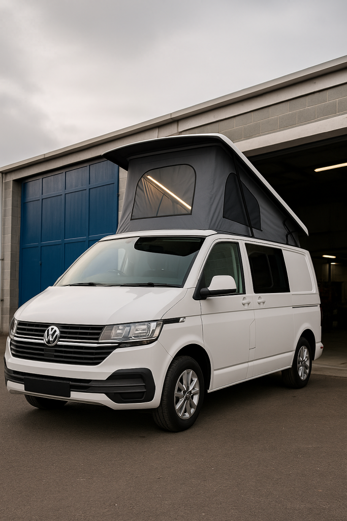 White Volkswagen campervan with pop top roof raised, parked outside a UK workshop at dusk, showcasing modern lighting and craftsmanship.