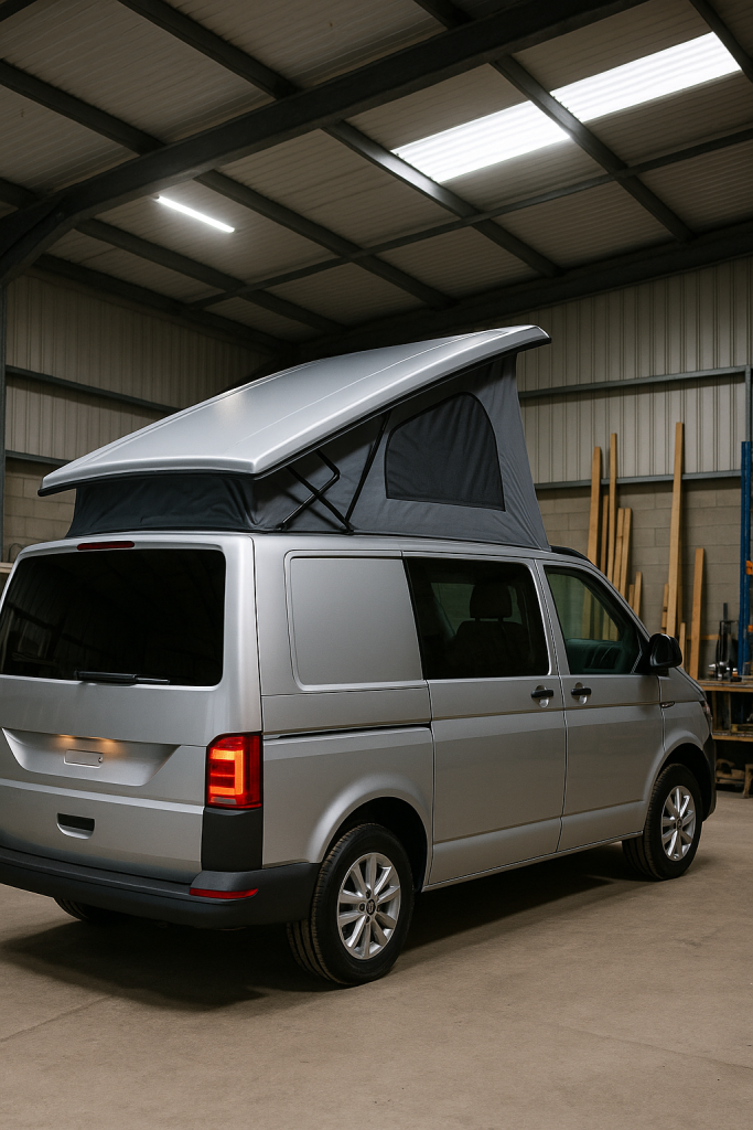 Silver campervan with partially raised pop top roof inside a workshop, highlighting UK-made waterproof fabric, fiberglass shell, and reinforced stitching.