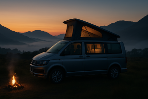 A silver campervan with its pop-top roof raised at dusk in the Scottish Highlands, parked beside a glowing campfire with misty mountains in the background — representing freedom and adventure from a Pop Top Roof Conversion.