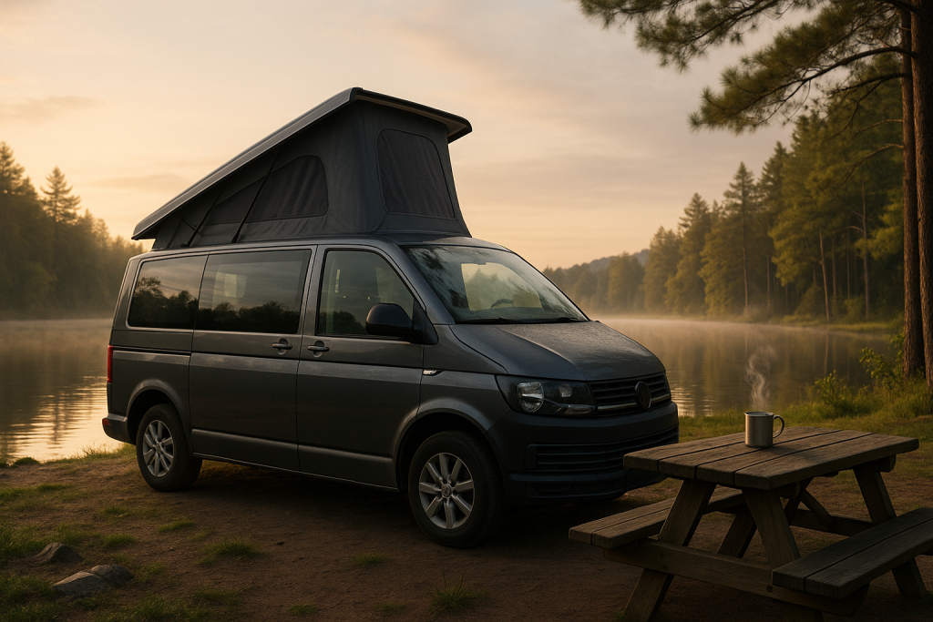 A dark grey campervan with its pop-top roof raised beside a calm lake at sunrise, with mist over the water and a steaming coffee mug on a picnic table — symbolising the peaceful freedom of campervan culture.