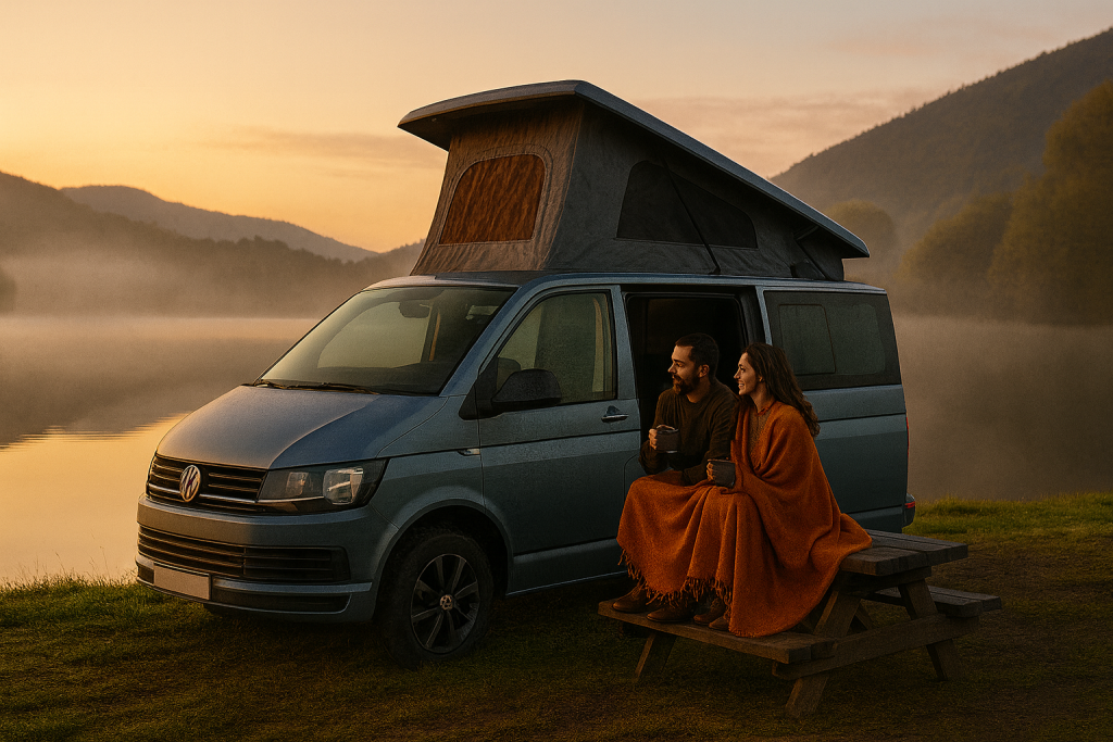 “A light blue campervan with its pop-top roof raised on a grassy hillside at golden hour, overlooking misty mountains and a glowing sunrise — conveying freedom, adventure, and the comfort of a premium pop top roof conversion