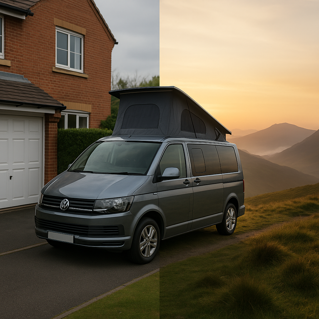 A split-scene image showing a campervan in two settings — on the left, parked in a suburban driveway before conversion, and on the right, on a misty mountain hillside at sunrise with its pop-top roof raised — symbolising the lifestyle transformation of a pop top roof conversion.