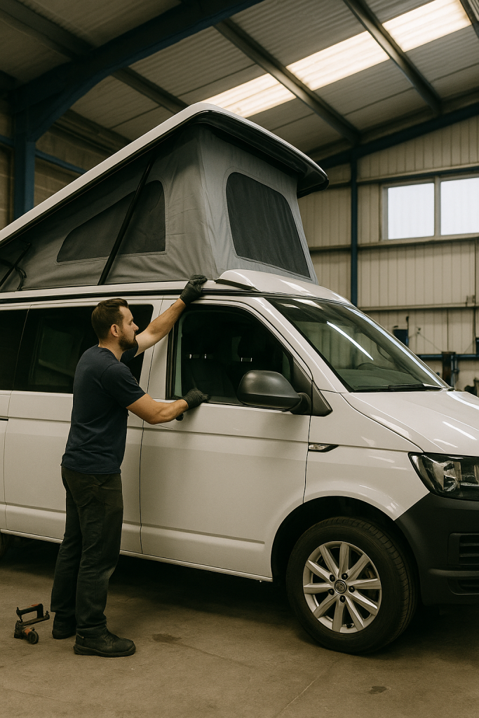 A professional technician installing a pop-top roof on a white campervan inside a clean, well-lit workshop — showcasing Pop Top Nation’s expert craftsmanship and attention to detail.